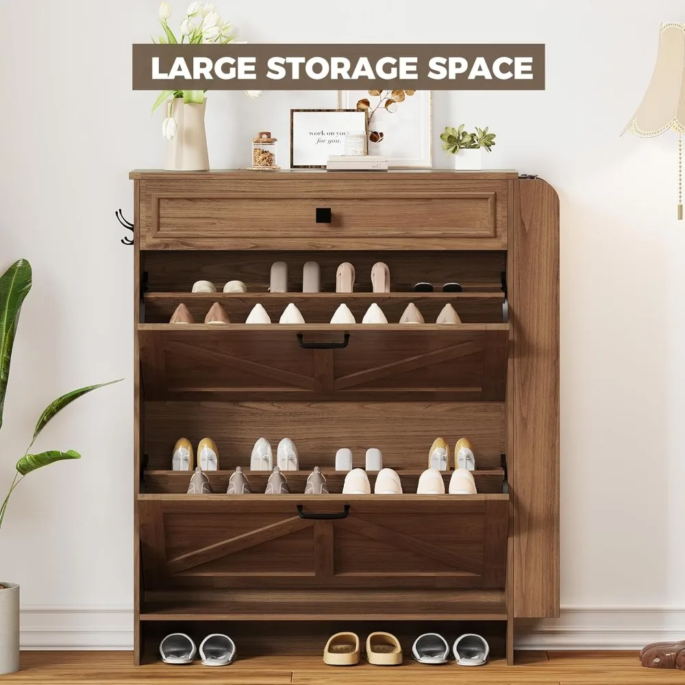 IRONCK Shoe Storage Cabinet with 2 Flip Drawers & Barn Door Design, Freestanding Shoe Cabinet Organizer with Drawer and Shelves