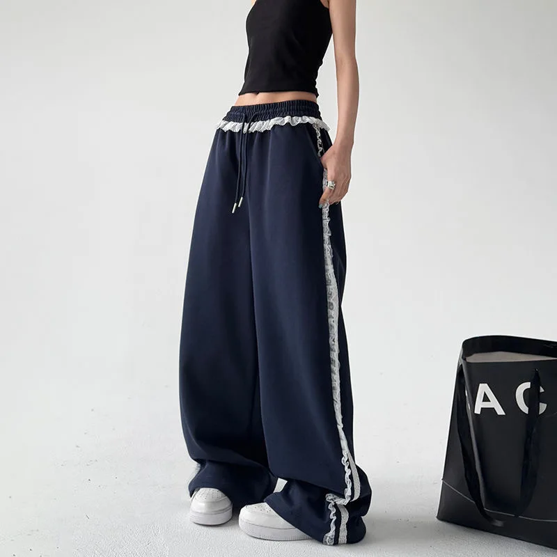 Women Trendy Lace Spliced ​​sports Casual Joggers Pants Summer New Lazy Versatile Pants Street Straight Leg Slim Fit Sweatpants
