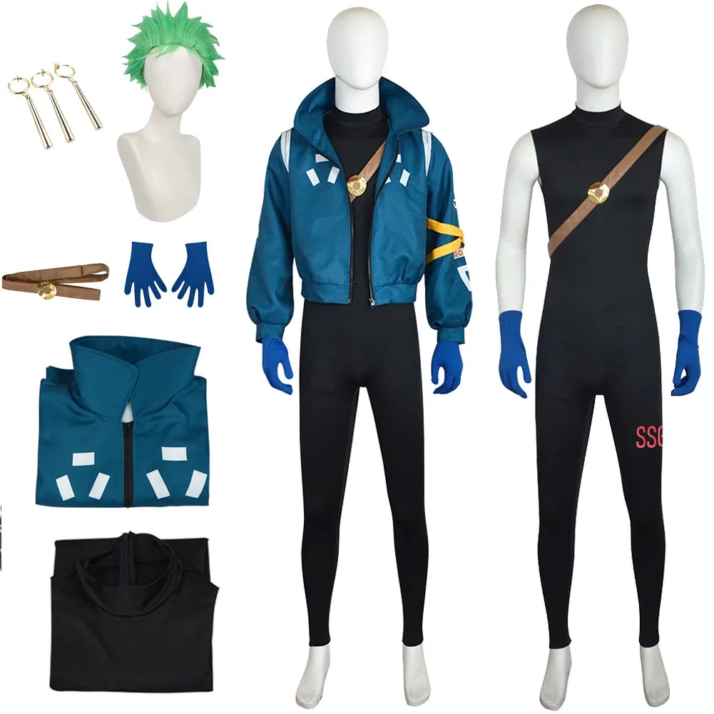 Egghead Island Cosplay Roronoa Zoro Cosplay Costume Jumpsuit Jacket Wig Earrings Men Male Adult Halloween Carnival Disguise Suit