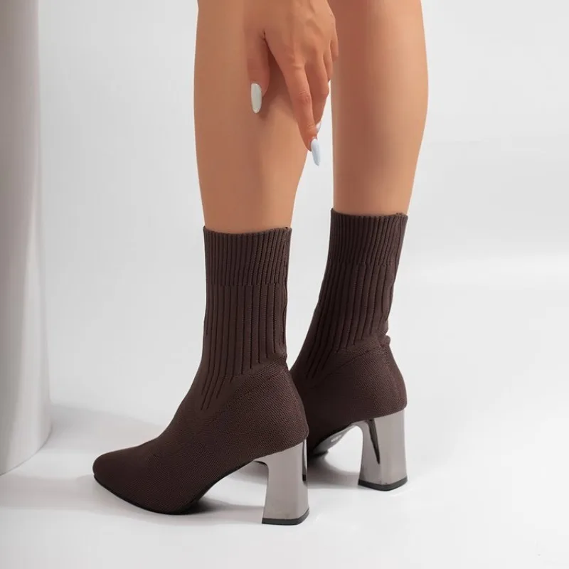 Damen 2026 Herbstmode Einfarbige Elastische Stiefel mit Spitze und Hohem Absatz, Markendesign Einfarbige Knöchelstiefel – Detail 11