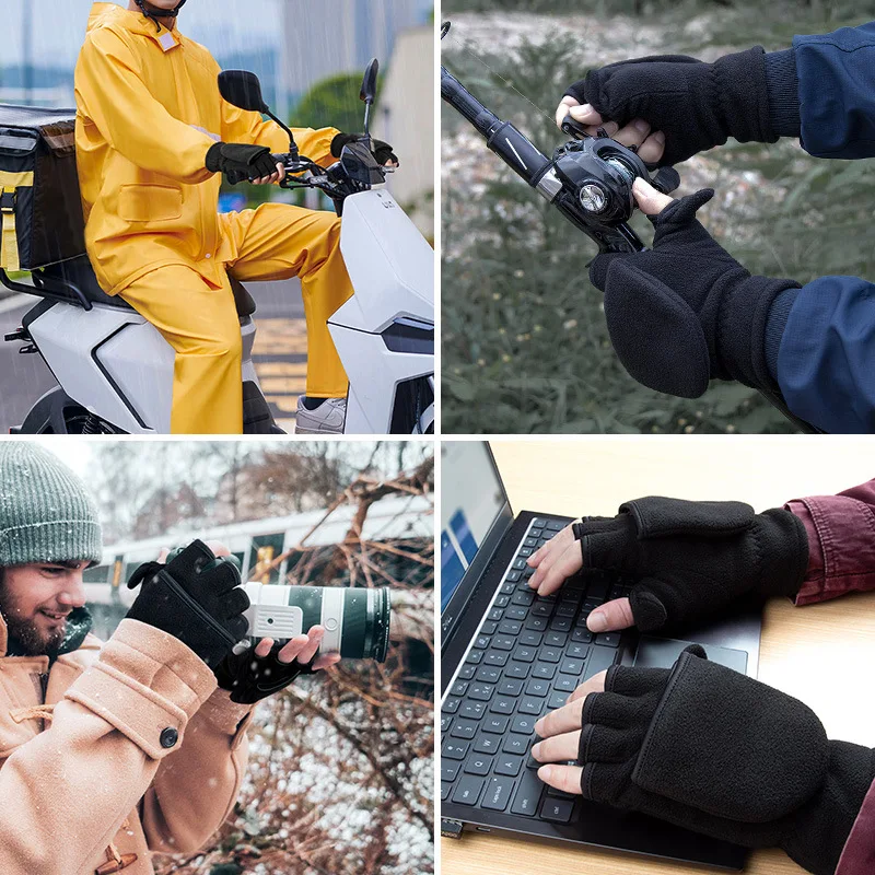 قفازات قابلة للتحويل تعمل باللمس، قفازات مبطنة من الصوف القطبي للطقس البارد، هدية للجنسين للتصوير الفوتوغرافي لركوب الدراجات والجري