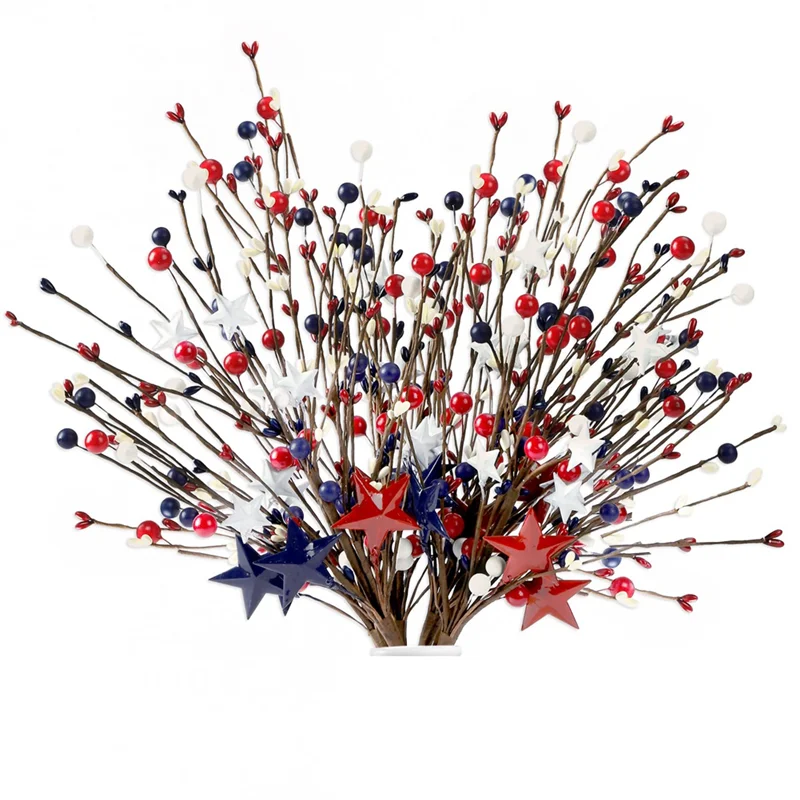 

AC17-6PCS 16Inch Artificial Berry Stem Picks Patriotic Pip Berry For 4Th Of July Independence Day Memorial Day Decoration
