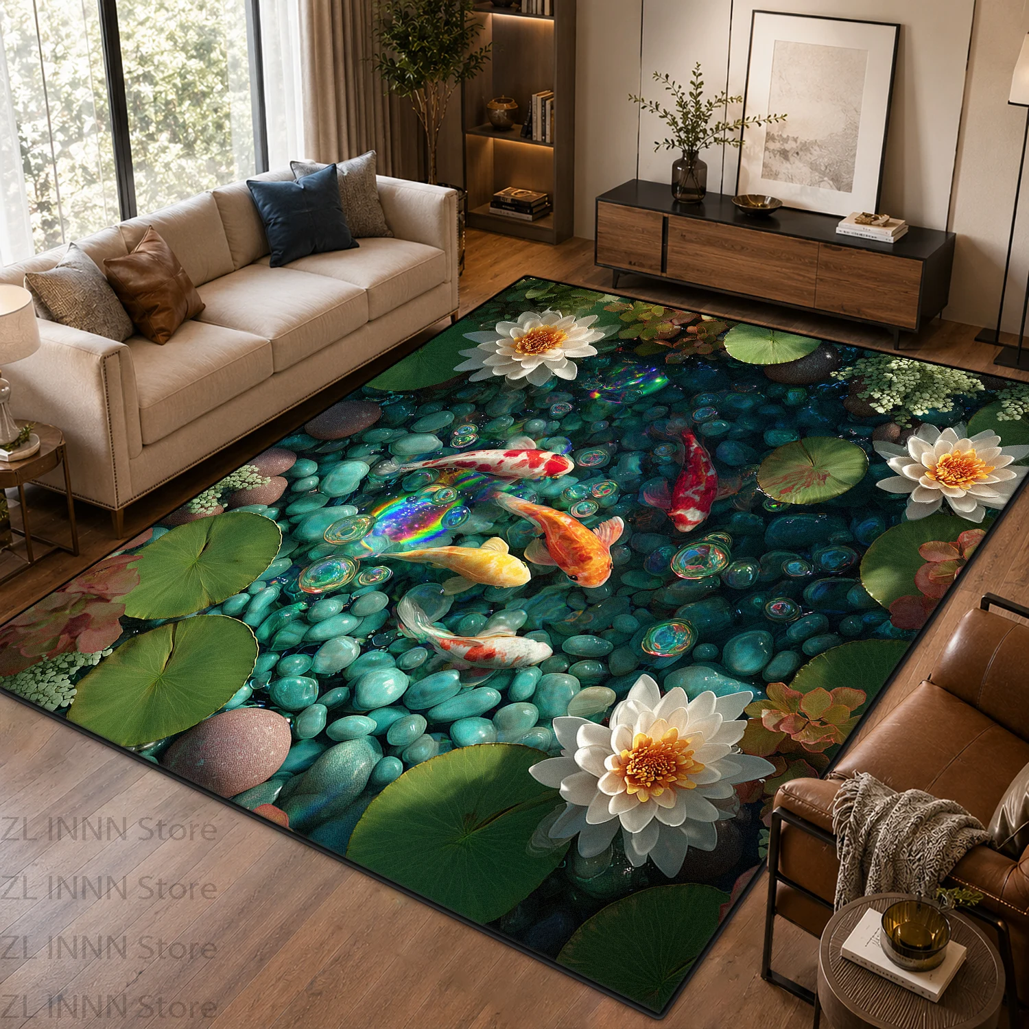 3D鯉の池柄リビングルームカーペット、蓮の池柄大型ソファ滑り - Wholesale Commercial Printing のレビューと価格