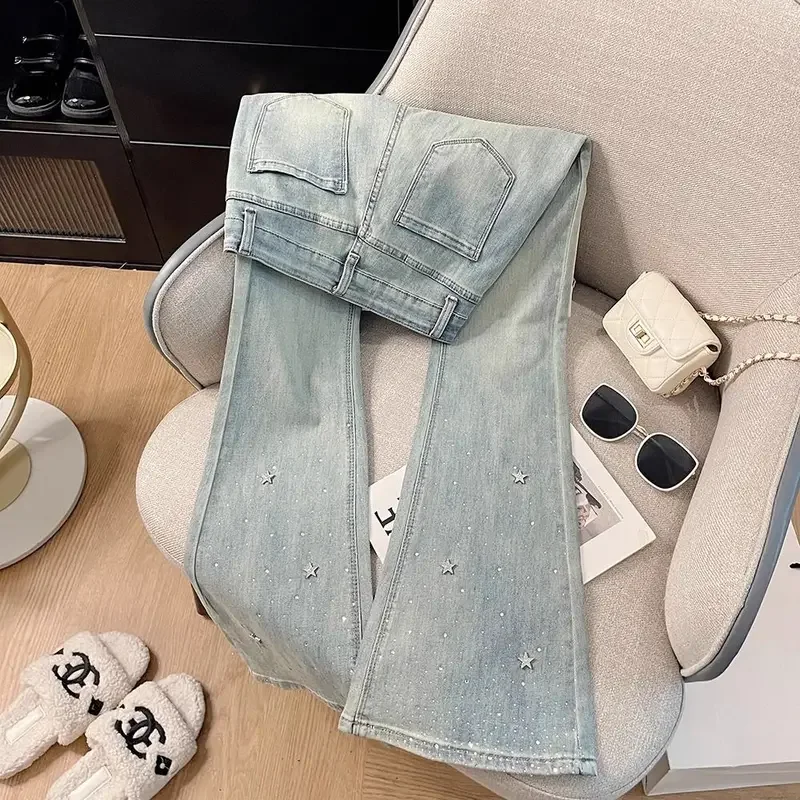 

Heavy-Duty Star Rhinestone Shiny Light Blue Jeans Women's Summer High Waist Slim Stretch Flared Pants