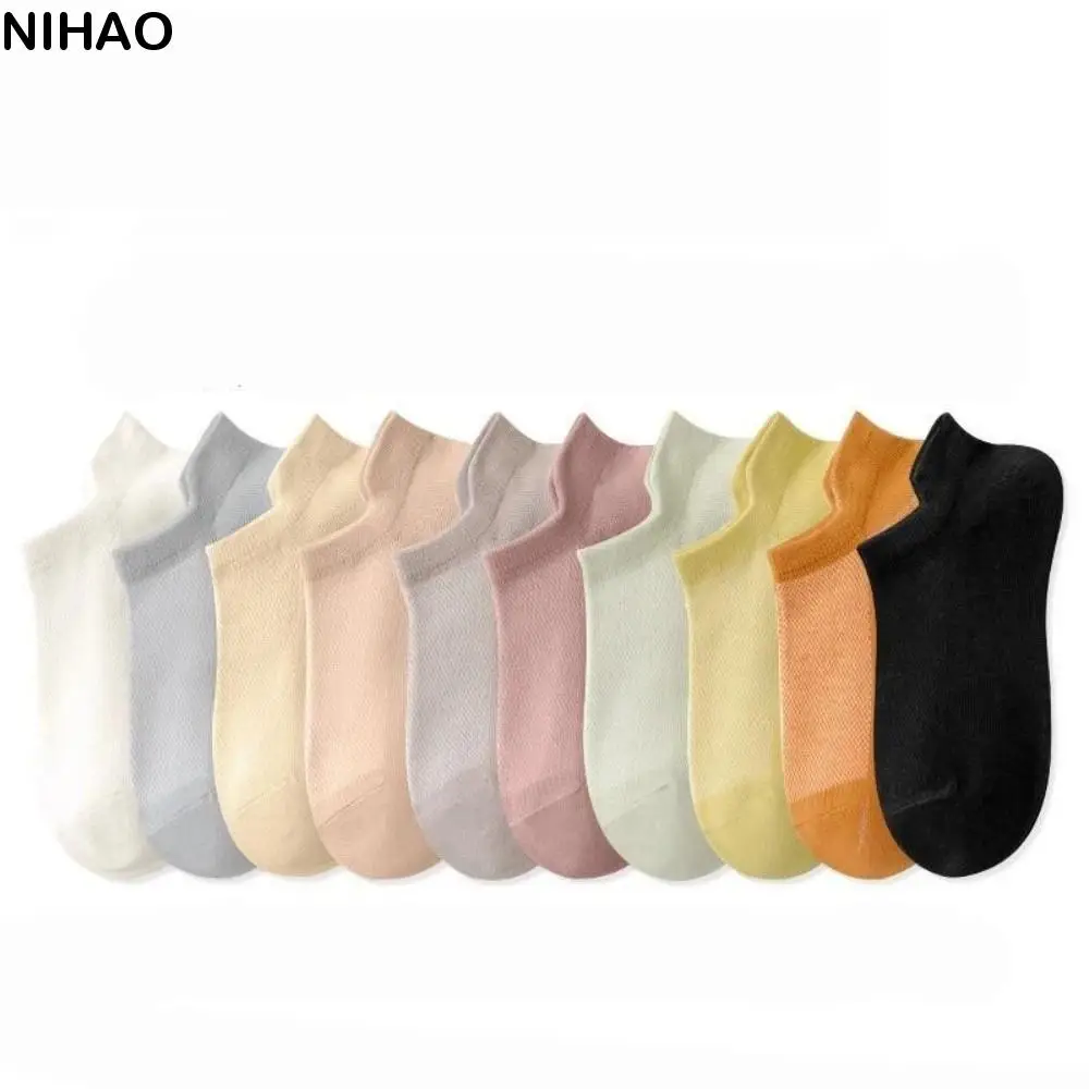 

10 пар невидимых носков-лодочек ярких цветов, сетчатые короткие носки в Корейском стиле в стиле Харадзюку, дышащие повседневные носки с подтяжкой ушей, уличные носки