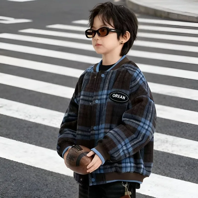

2025 Winter Boys Thermal Plaid Baseball Jacket Thermal Insulated Cotton Coat for Big Kids Trendy Outdoor Wear with Padding