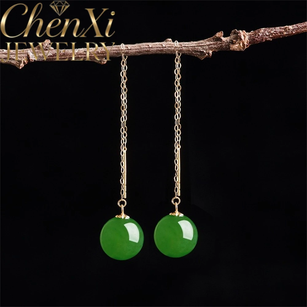 

18K Gold Set With Natural Hetian Jade Spinach Green Round Beads As Earrings Luxury Quality Fashion Fine Jewelry Exquisite Gift