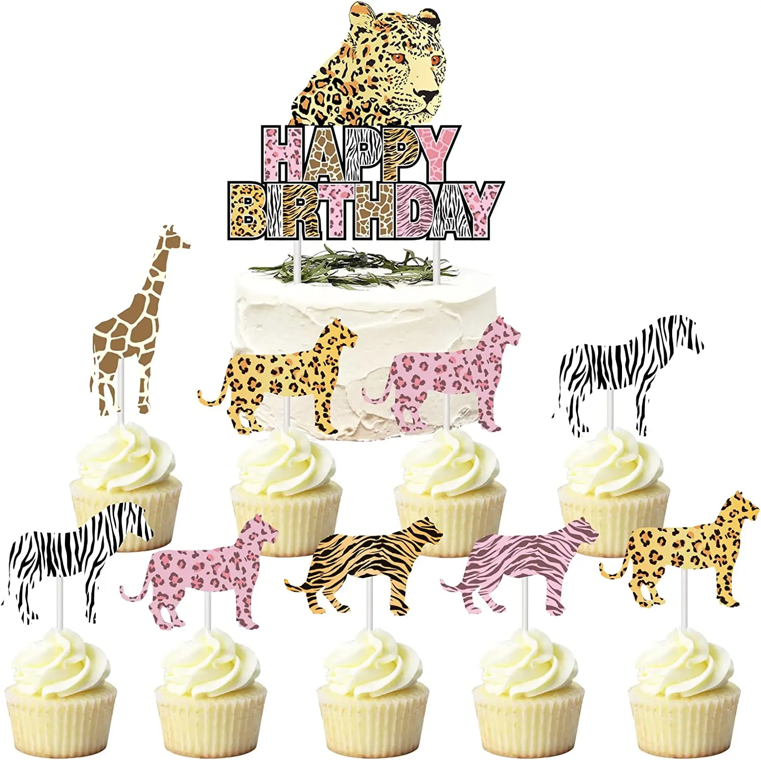 Funmemoir Jungle Animals Cake Decorations Cheetah Cake Topper 24Pcs Safari Animal Print Cupcake Toppers Birthday Party Supplies