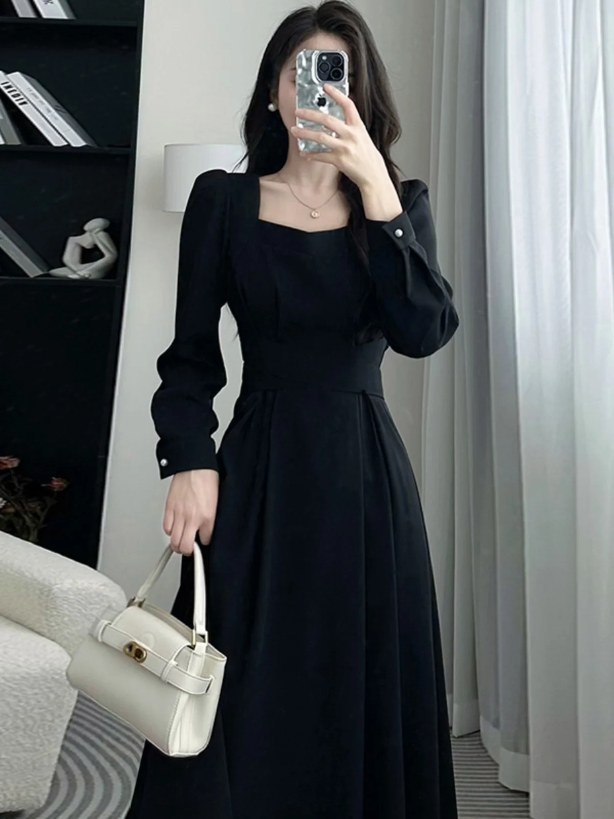 Ele A-Linie mit hoher Taille und quadratischem Kragen, lang, Sve Midi Dr, schlankmachend, formelle Ocn-Polyesterfaser, Frühlingskollektion