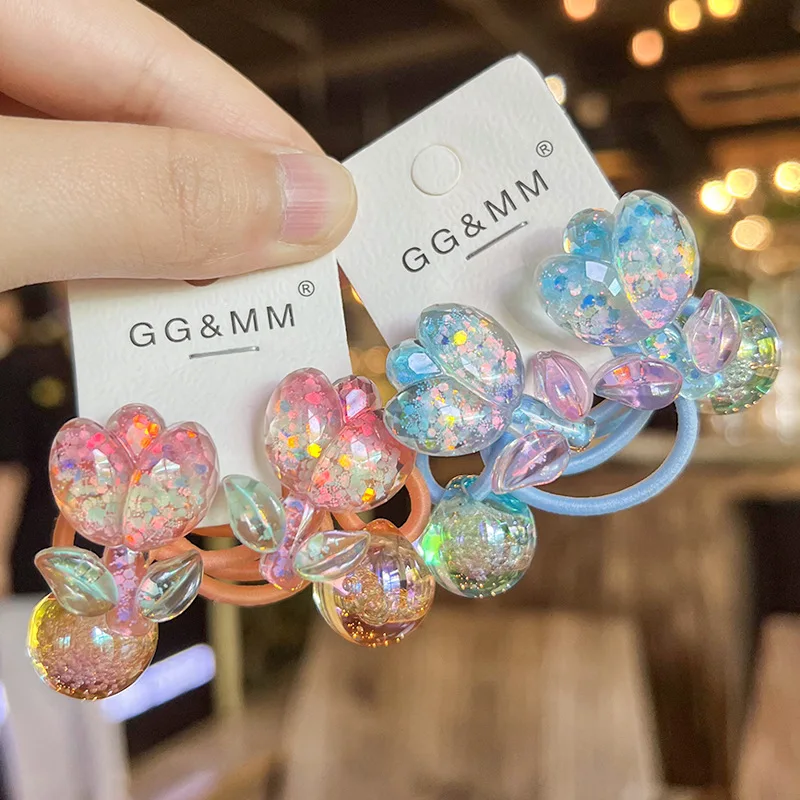 2pcs/lot Colorful Flower Burst Glittering Powder Round Ball Long Elastic Hair Band For Girl Children Cute Kawaii Rubber Ties