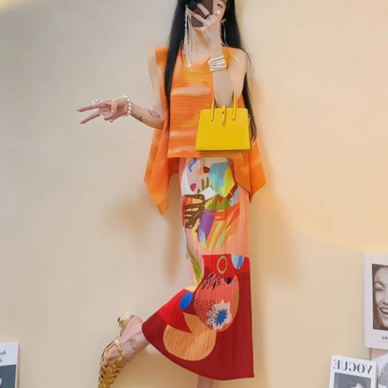 

Модная плиссированная юбка с принтом и тонкая юбка А-силуэта с высокой талией