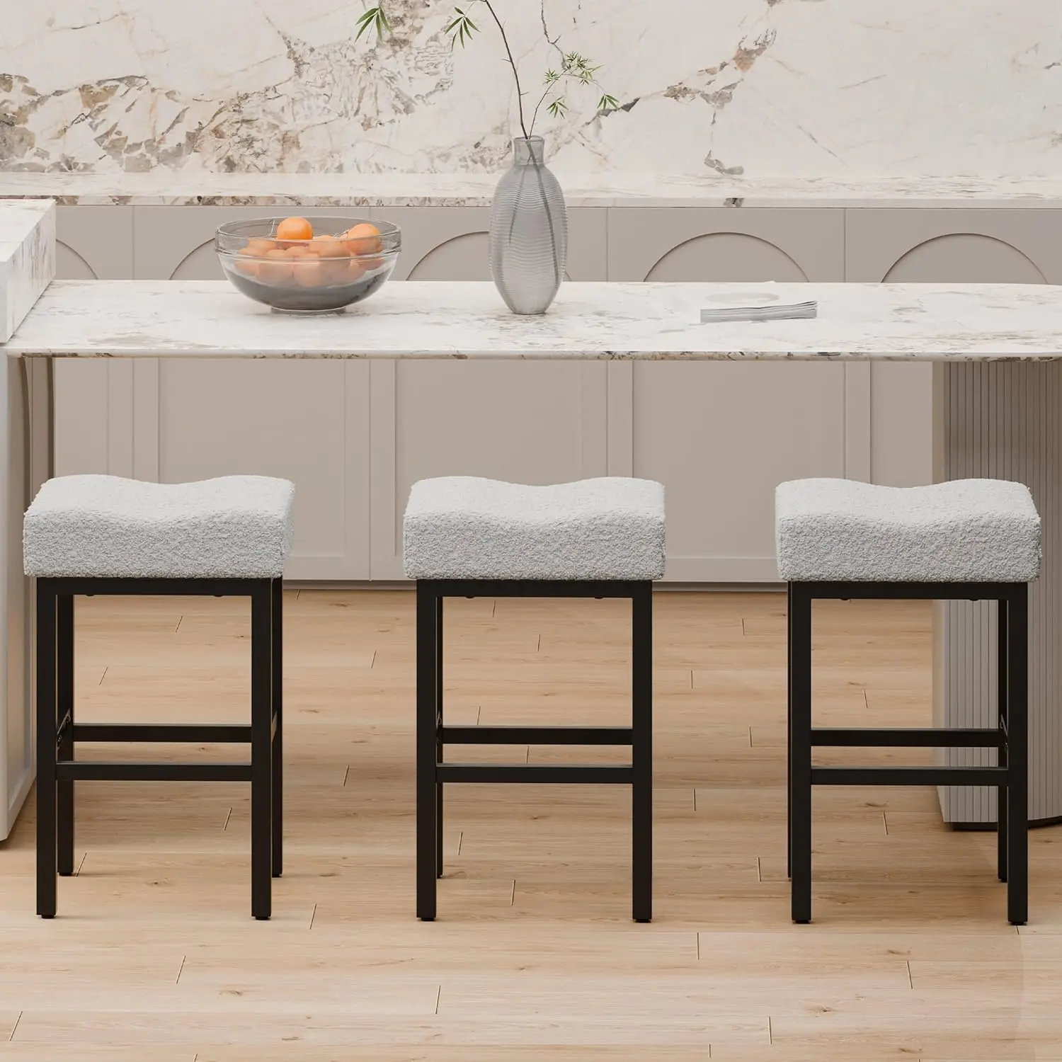 Edwell Modern Bar Stools Set Of 3, Boucle Counter Stools 27 Inches Seat Height Upholstered Barstools, Comfortable White Bar