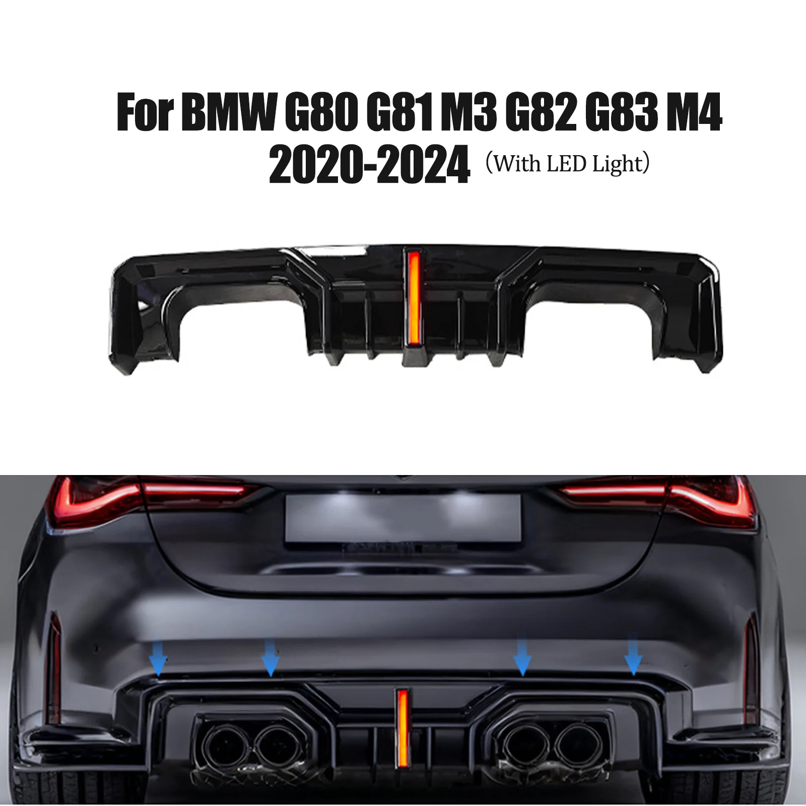 

For BMW G80 G81 M3 2020-2024 Rear Bumper Lip Diffuser Spoiler Splitter with LED Light Spoiler Splitter Carbon Fiber Look