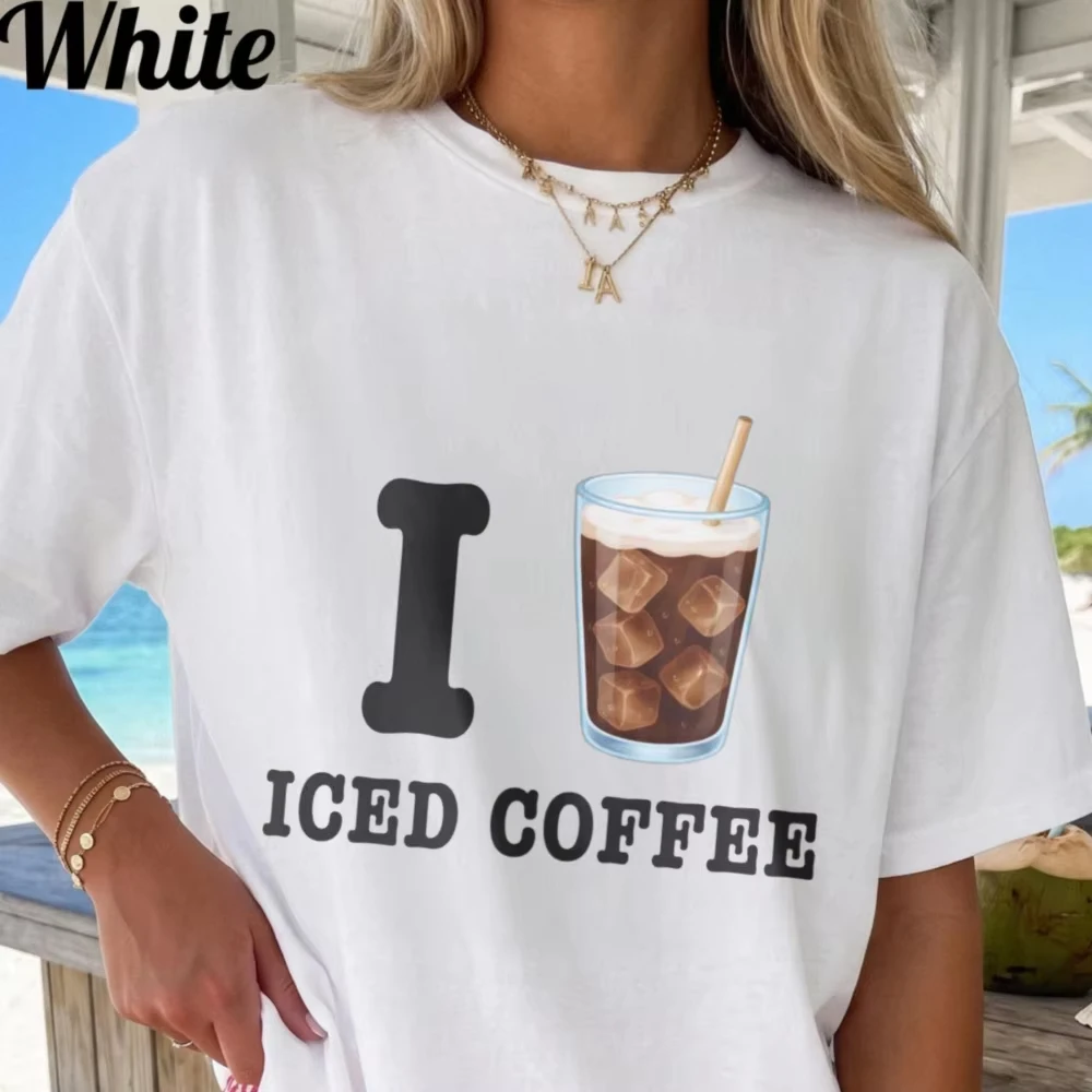 I Love Iced Coffee Lover Graphic Tee Summer Short Sleeve Crew Neck Pink Tshirt Straw Ice Cubes Barista Gift Cute Beverage Tees