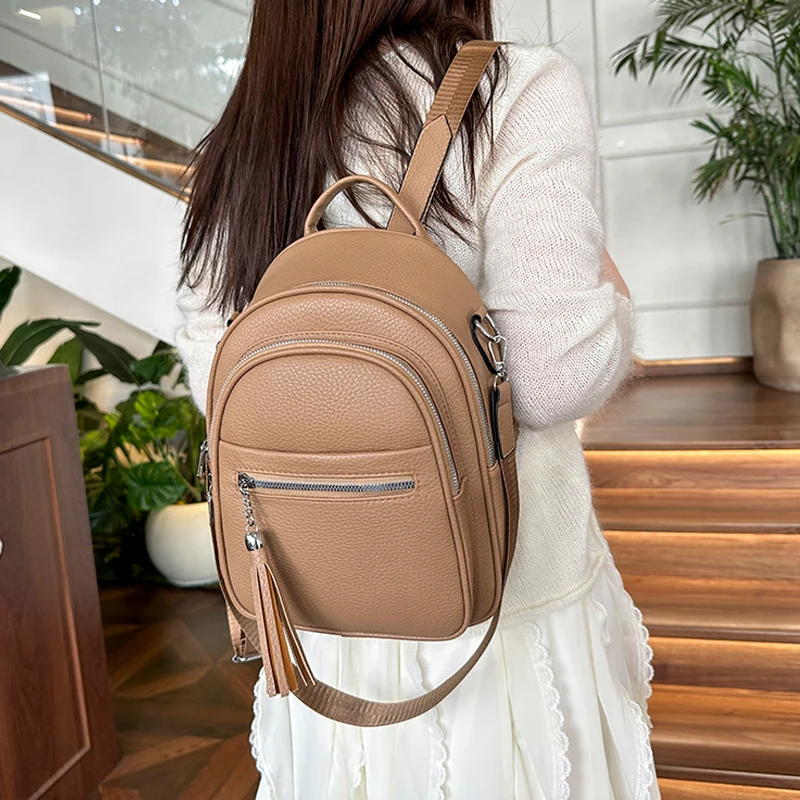 

Fashion Solid Color Backpack for Women Multi-Function Soft PU Leather Knapsack Teenager Girls Leisure Tassel School Bags Mochila