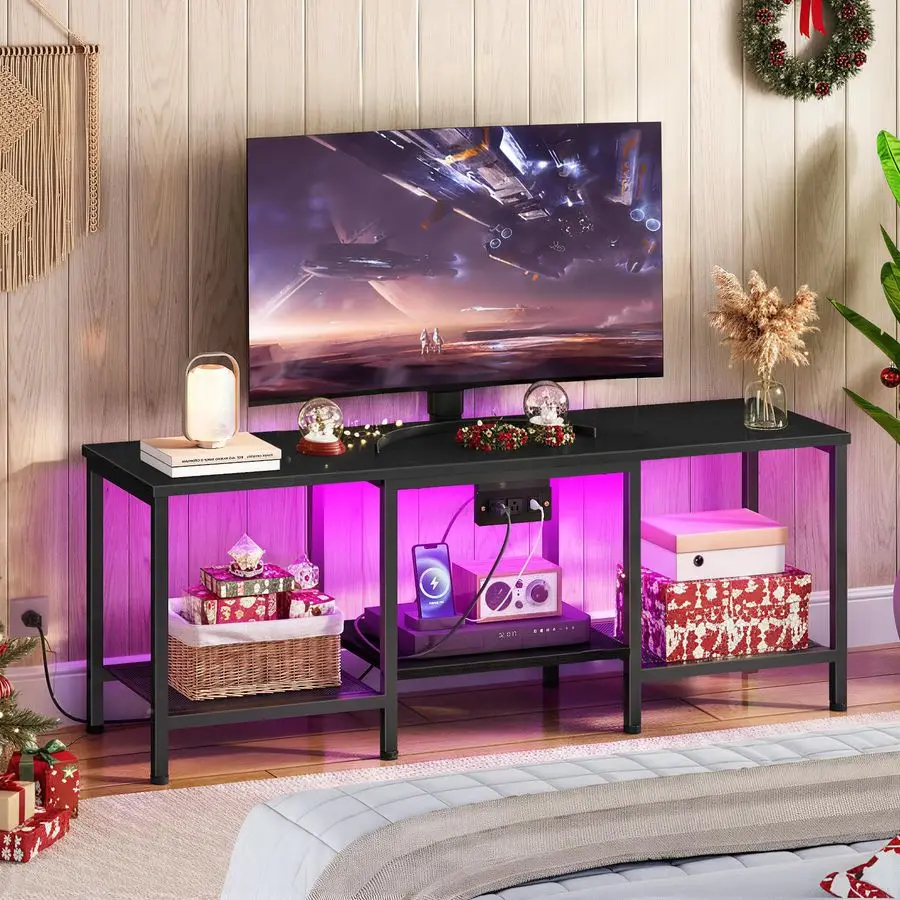 

TV Stand with Charging Station to 55 Inches, LED Entertainment Center, Media TV Console Table with Open Storage Shelving for Li