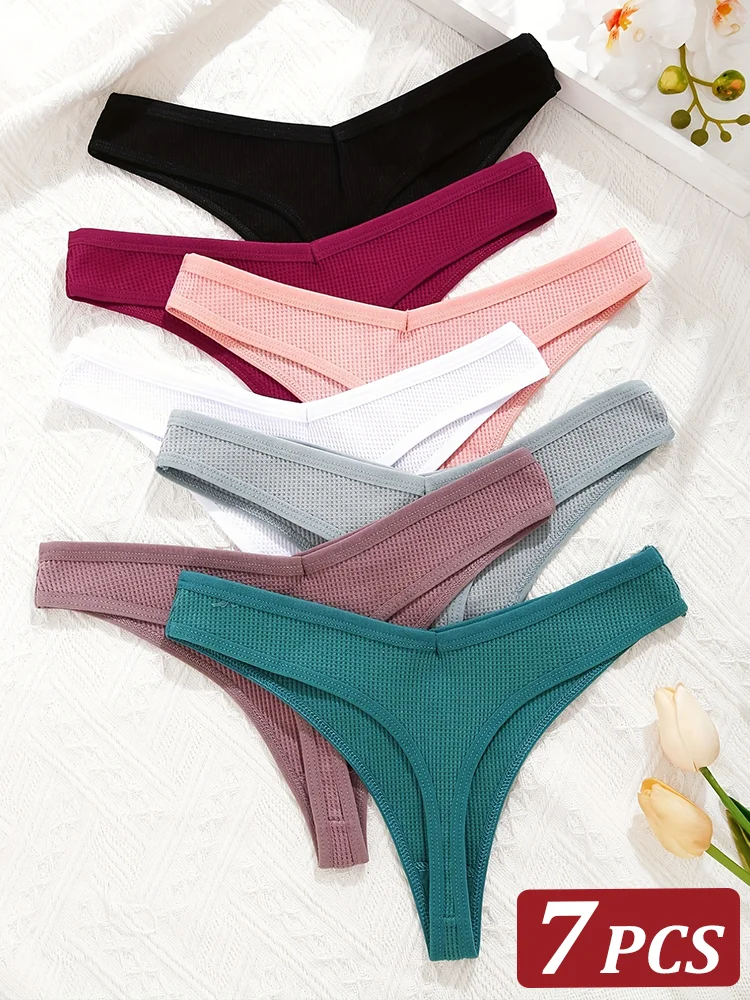 Nowe 7 sztuk damskie bawełniane w stylu waflowym majtki stringi damskie miękkie stringi kobiece S-XL niski wzrost T-back majtki bielizna bikini 2024