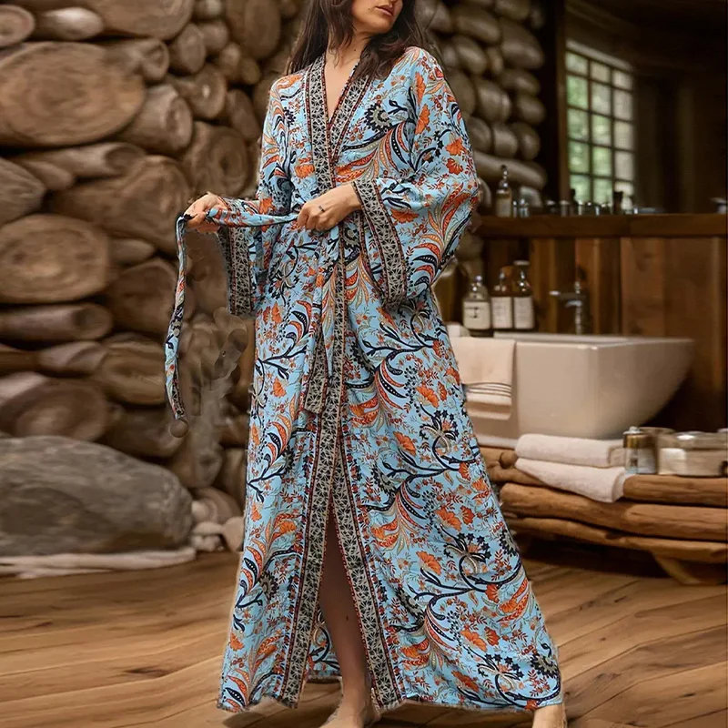 

Европейская и американская ретро-мода с принтом в богемном стиле больших размеров, длинный пасхальный цельный купальник, летний пляжный отдых, купальник, верхняя одежда, кимоно, кардиган, халат, солнцезащитная одежда,