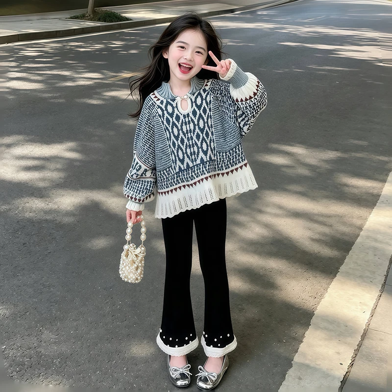 Girls Fair Isle Jacquard Sweater Keyhole Neck Puff Sleeve Scalloped Hollow Hem Kids Spring Autumn Knit Top 6-16Y