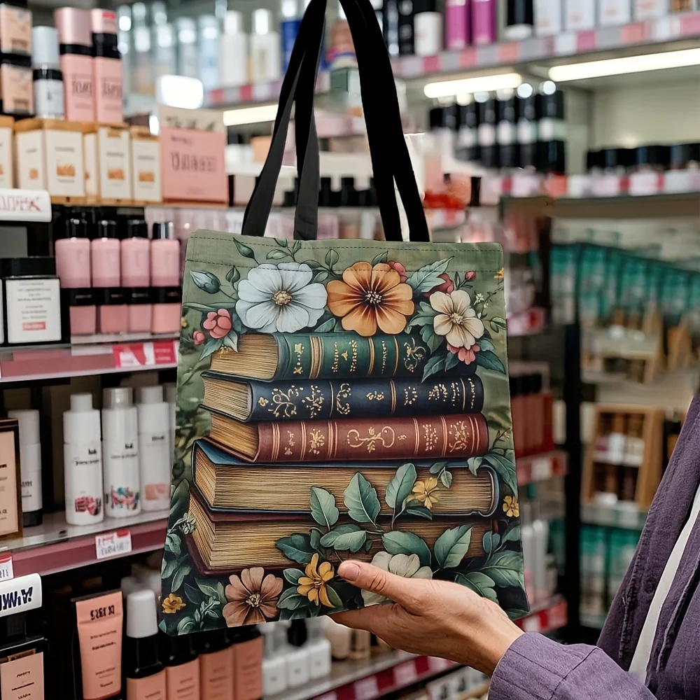 Leichte Tragetasche aus Polyester, robustes Blumenbüchermuster, Mehrzweck-Schulter-Einkaufstasche für Buchliebhaber-Handtasche