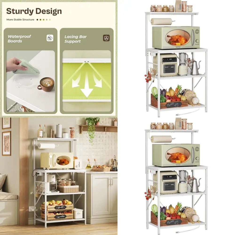 

4-Tier Baker's Rack with Reversible Outlet, 23.6 Microwave Stand, Kitchen Coffee Bar, Top Shelf, 6 Hooks, White