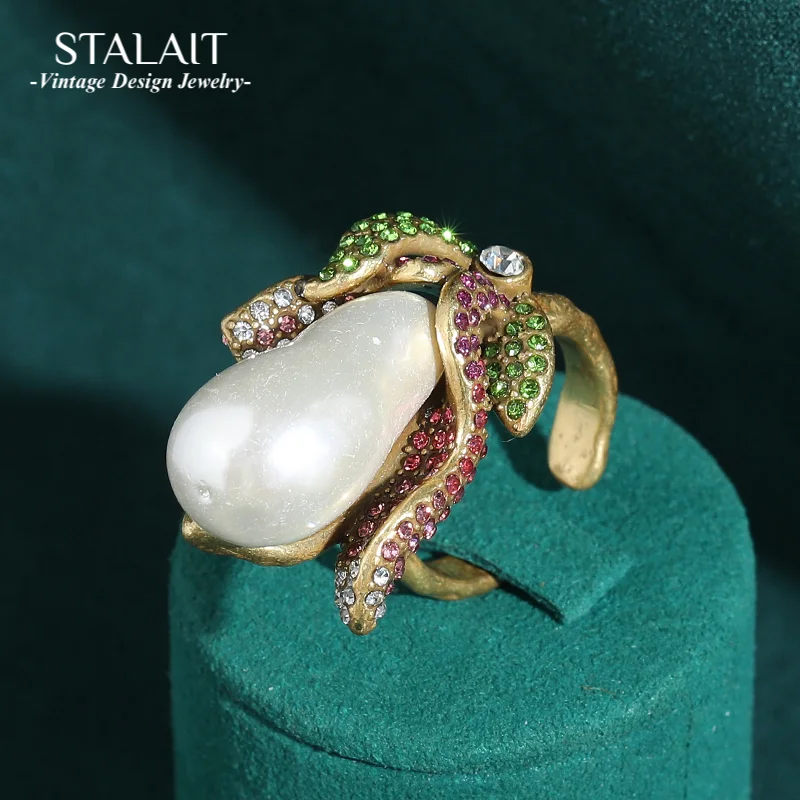 

Retro Pearl Ring Natural Flower Rhinestone Cocktail Gold Color For Women Wedding Luxury Quality Jewelry Evening Wedding Gift