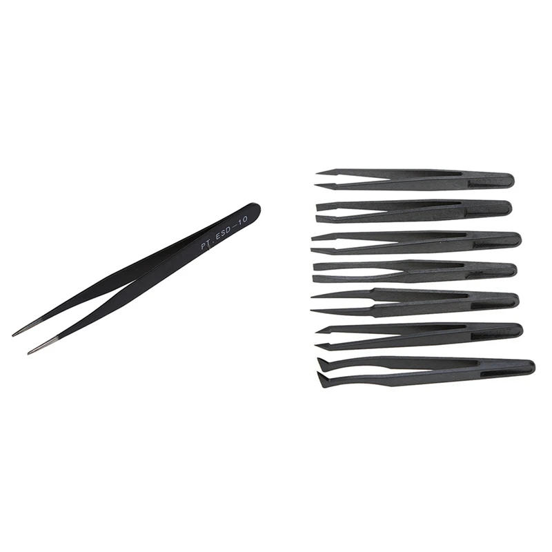 Big Deal 1X Black Metal Straight Sharp Tip Tweezer & 7Pcs Black Plastic Antistatic Flat Bottomed Top End Tweezers Hand Tools Set