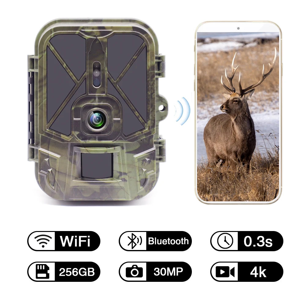 Cámara de rastreo WiFi de transmisión en vivo 4K 30MP, aplicación Bluetooth, cámaras de caza con batería de litio de 10000mAh, visión nocturna