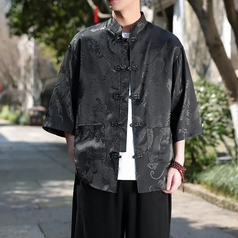 

Винтажная мужская рубашка с пуговицами в стиле Тан, традиционная китайская блузка Ханьфу, восточная униформа для кунг-фу, 5XL, с коротким рукавом, топы в стиле Тан