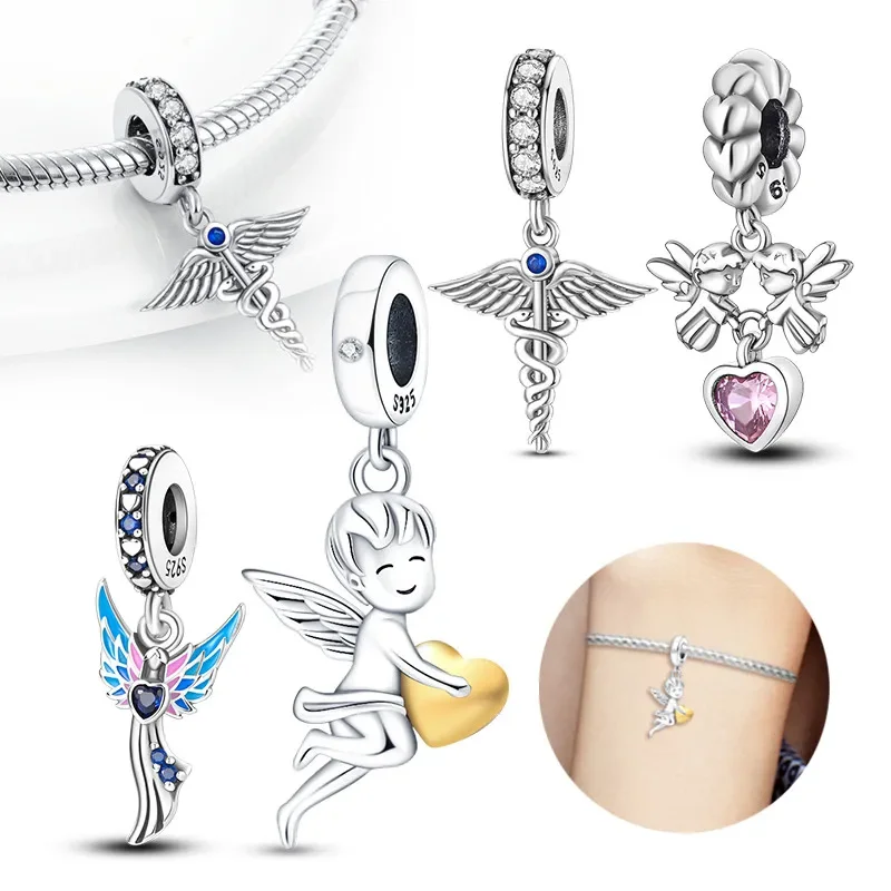

Sterling Silver 925 Angel Wings Lucky Beads Heart Charms Angel Pendant Fit Original Bracelet for Women DIY Fine Jewelry Gift
