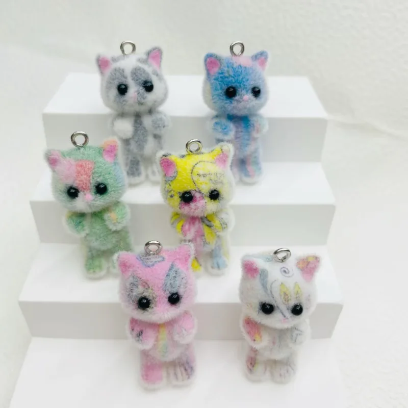 30pcs Cute flocking resin Colorful cats Charms Cartoon animals doll pendant For Bag keychain Handmade DIY Jewelry Accessories