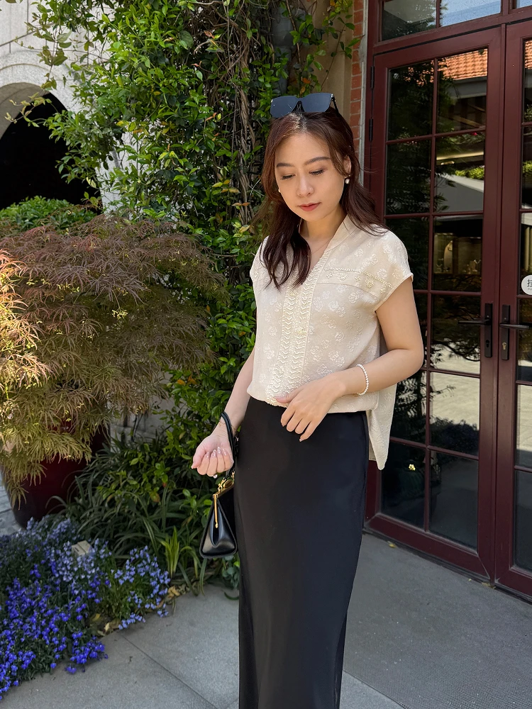 

Silk Velvet Embroidered Beautiful Heavy Du Silk Tie Dye V Ne ort Sve Women's irt Summer Breathable Skin Friendly