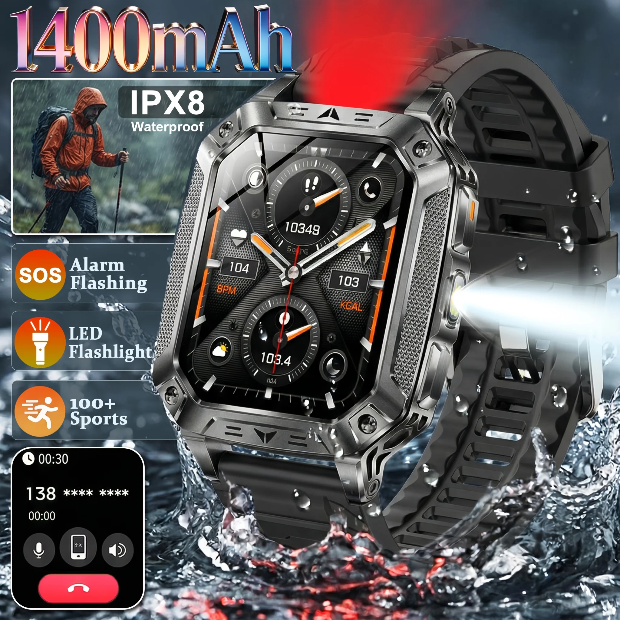 

Новые прочные военные смарт-часы для активного отдыха с батареей 1400 мАч, водонепроницаемостью 10ATM, светодиодным фонариком, красным SOS-сигналом и функцией звонков.