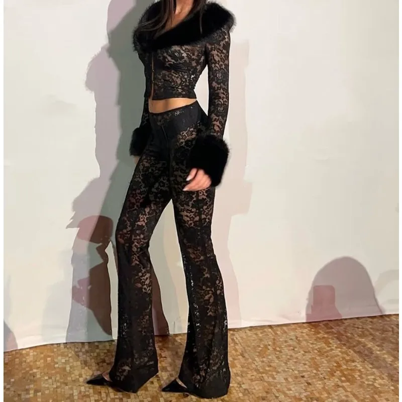 

Lace Jacquard Fur Collar Splicing Long-sleeved Top Design Sense Thin Versatile Trousers Set