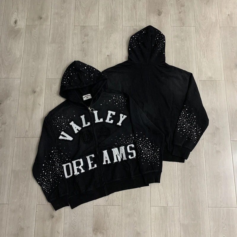 VALLEY Oversized Vintage Graffiti Cursive Text Zip Hoodie All Over Print Fit Y2K Hip Hop Sweatshirt Men's Clothing