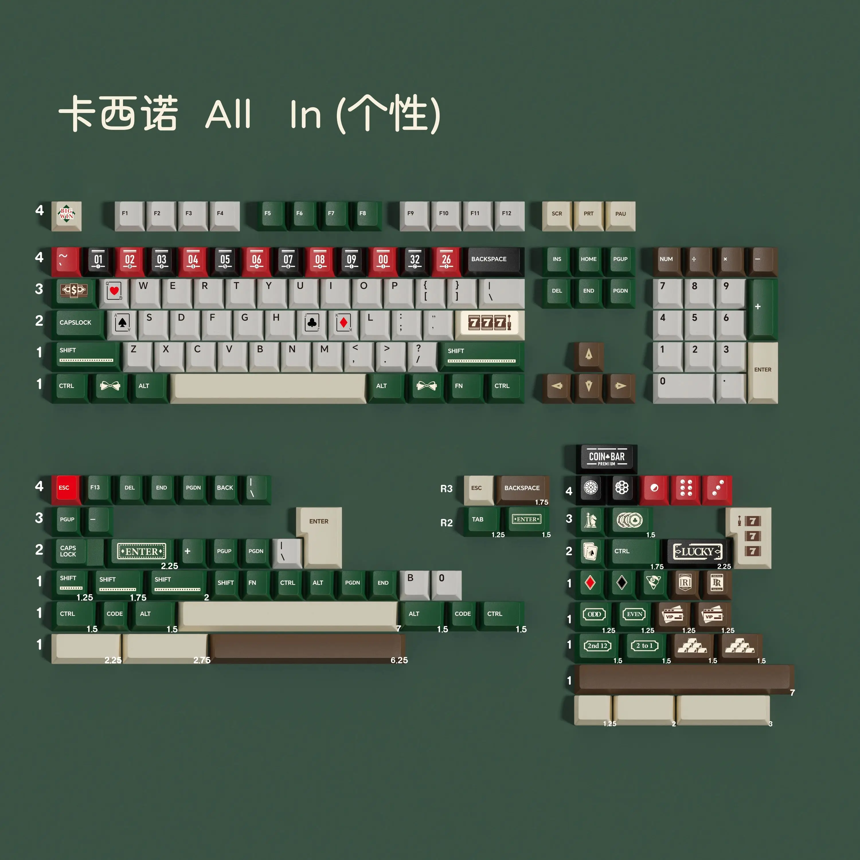 PBT Casino Keycaps Set Cherry Profile 5 Side Dye Sublimation Keycap For MX-style Keyboard ANSI/ISO layout 2.25u 2.75u Spaces