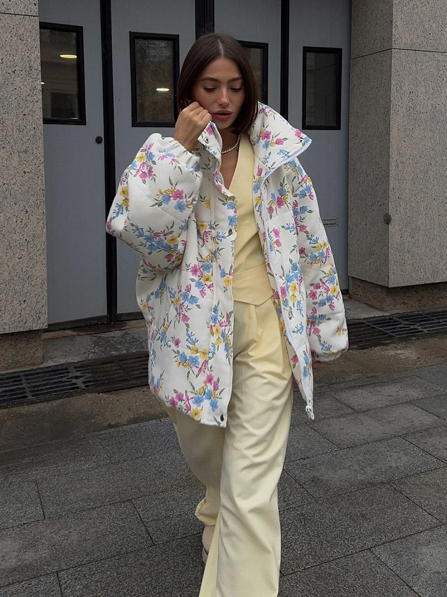 Wolfeel New Women's Puffer Jacket Oversized Stand Up Collar Zipper Closure Floral Print Warm Cotton Filled Coat Autumn Winter