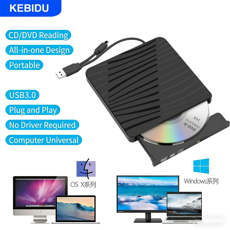 

Внешний оптический привод KEBIDU USB 3.0, портативный 3D-привод BD-RW, проигрыватель BD DVD CD, устройство для записи и чтения для ноутбуков, ПК, Windows 11/10, Mac