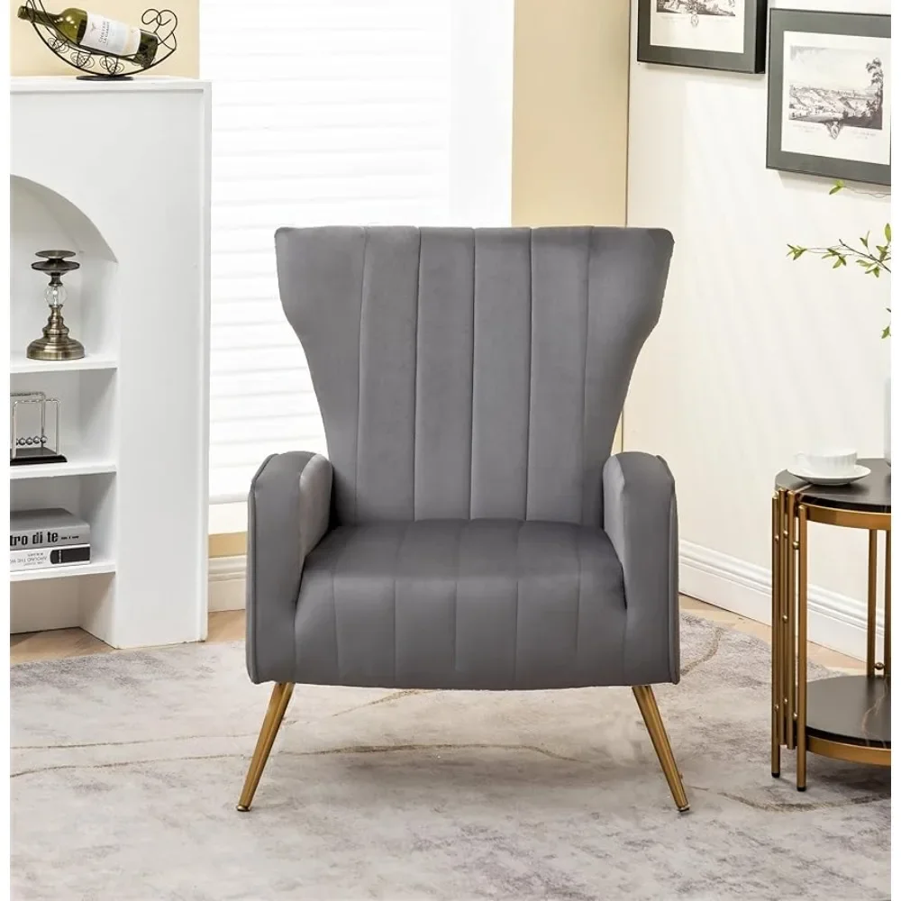 Armchair Modern Velvet Accent Chair, Channel Tufted Bedroom, Office or Living Room Furniture with Elegant Metal Legs