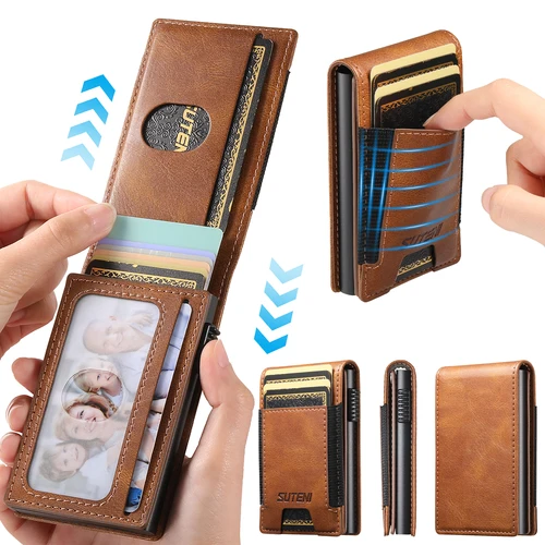 Imagen 2 del producto Cartera SUTENI de piel sintética para hombre con ranura para tarjetas, funda con tapa, caja para tarjetas que presiona el botón, ejeje automáticamente la tarjeta