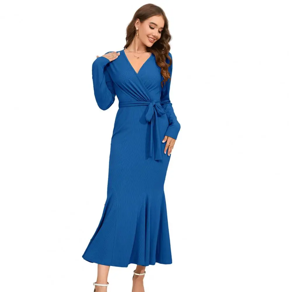 

Dress V Neck Knitted Slim Fit Long Sleeve Soft Elastic Belted Tight High Waist Fishtail Hem Mid-calf Length Party Banquet Dress