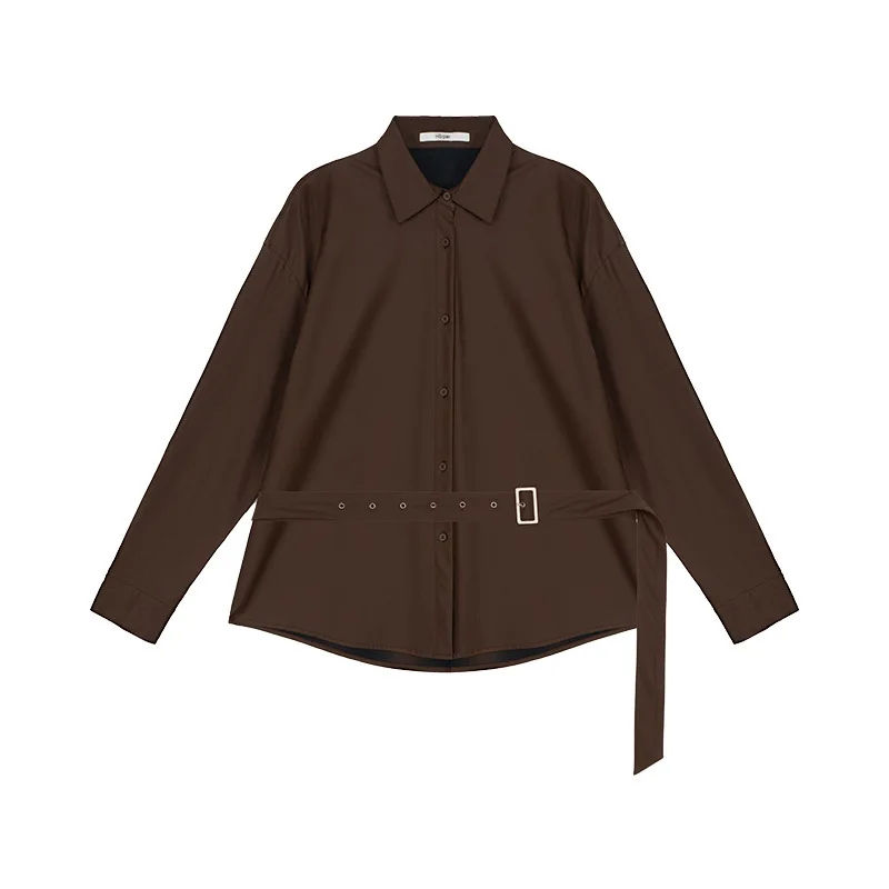 เสื้อเชิ้ตหนังปกเสื้อระดับไฮเอนด์ผู้หญิงฤดูใบไม้ร่วงใหม่หลวมและอเนกประสงค์เสื้อแขนยาวแบบมีสายรัด