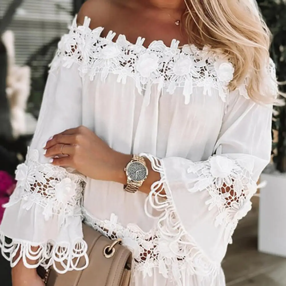 Vestido de verano de encaje con hombros descubiertos, manga trompeta, Color liso, 2023