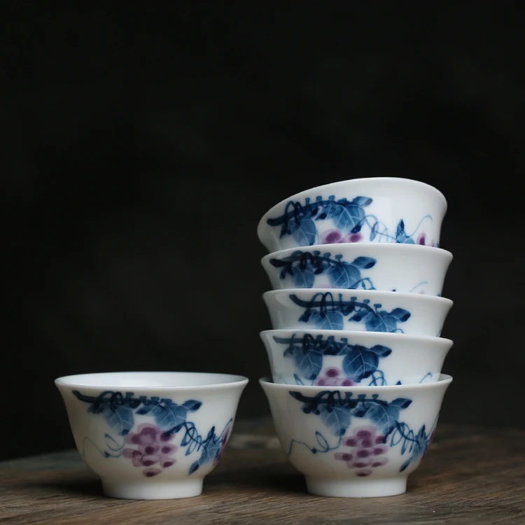 Ruhe Pure Handmade Underglaze Color HigH-temperature CeramiC White Porcelain Grape Large Kung Fu Tea Cup Owner Pu'er