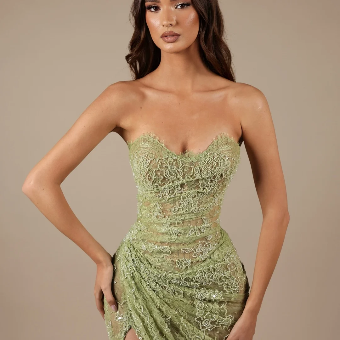Amanda Customized Olive Green Lace Prom Dress Sweetheart Neck Sleeveless High Slit Sheer Bodice Train Gown Formal Evening 2025 image 4