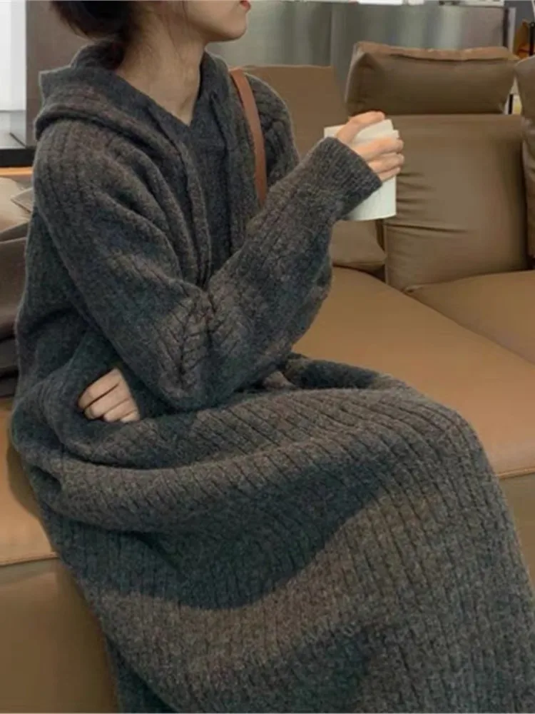 2025 Thickened Hooded Knitted Dress Long Straight Loose Casual Base Shirt Spring Autumn Winter Full Sleeve Ankle Length Dress