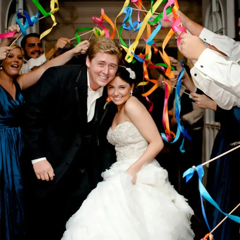 

30/20pcs Colorful Stain Ribbon Wedding Stick Mixed Color Wedding Wands With Gold Bells for Wedding Decoration