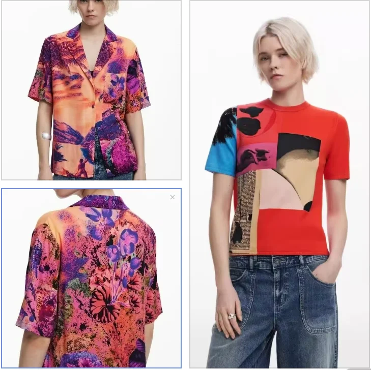 Foreign trade Spain new irregular print round neck women short sleeve T-shirt