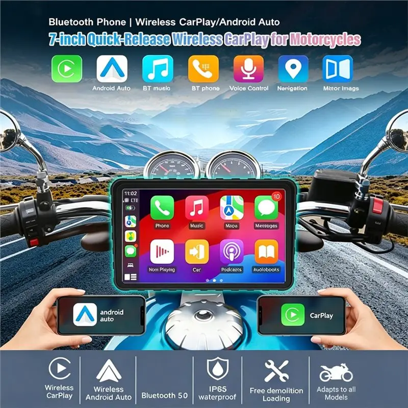 Waterproof 7 Inch Navigation Screen For Motorcycle, Wireless Carplay Android Auto Screen, Bluetooth Connectivity Tour