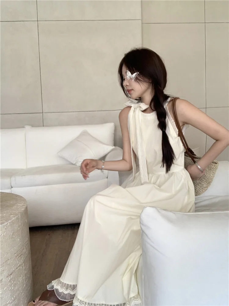 Summer Gentle Style Women's Dress  Knot Belted Neck Hanging Strap Long Skirt Poetic Memory Fairy Tale Pure Color Dress